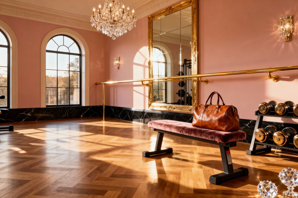 A sunlit home gym combines blush pink walls and black marble wainscoting with a herringbone wood floor. A crystal chandelier, crystal sconces, and a large gilded mirror with a brass ballet barre set a vintage glam tone, while a mauve velvet bench, caramel leather duffel, and a black rack of gold-accent dumbbells sit near tall arched windows with black trim.
