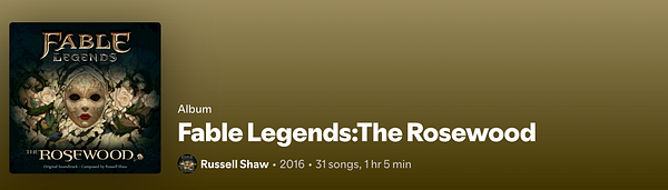 The image displays the album cover and details for 'Fable Legends: The Rosewood' by Russell Shaw.