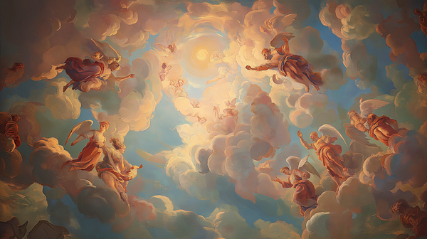 A celestial scene featuring angels and clouds illuminated by a bright sun.