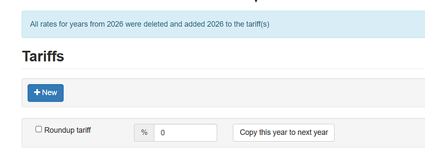 The image displays a user interface for managing tariff rates for the 2026 season.