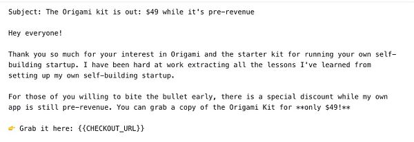 Screenshot of a text-based email draft announcing the release of the Origami kit priced at $49 during its pre-revenue phase.