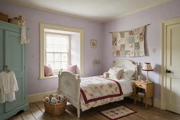 A cozy kids' bedroom with lavender walls, a painted cream bed, and a patchwork quilt in soft floral fabrics. The room includes a mint-green armoire, wicker basket toys, gingham window cushions, and a small wooden nightstand, creating a gentle cottage-inspired feel.