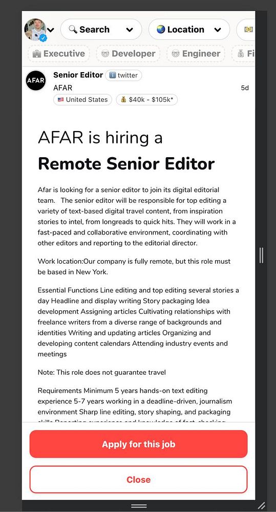 A job posting for a Remote Senior Editor position at AFAR is displayed on a mobile interface.