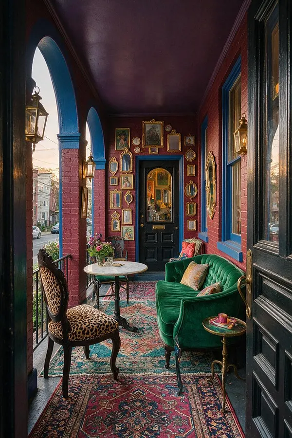 A narrow front porch styled in maximalist fashion with deep red brick walls, bright blue trim around arches and windows, and a dark purple ceiling. The space is filled with a green velvet loveseat, leopard-print chair, patterned rugs, small round tables, gold-framed artwork, and brass lanterns.