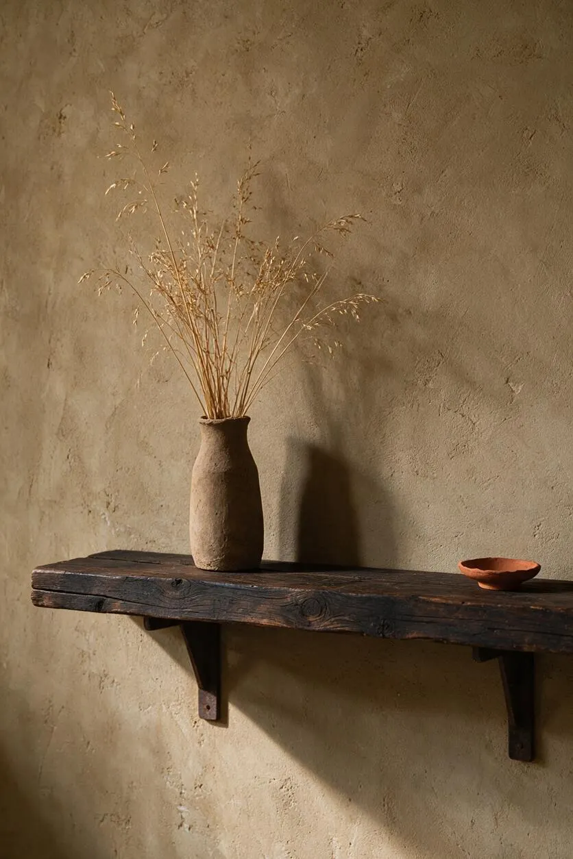 A minimalist Wabi-Sabi vignette with a rough plaster wall, a dark reclaimed wood shelf, a tall handmade clay vase filled with dried grasses, and a small terracotta bowl. Warm natural light casts soft shadows, emphasizing the weathered textures and earthy tones.