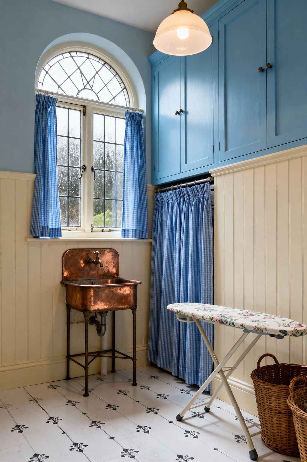 A compact shabby chic laundry room with sky-blue Shaker cabinets, cream beadboard walls, and a white floor patterned with small black motifs. An arched leaded-glass window dressed in blue gingham curtains brings light over a vintage copper wall-mounted sink with exposed plumbing. A curtained utility niche, floral ironing board, wicker laundry baskets, and a milk-glass pendant complete the cozy, nostalgic space.