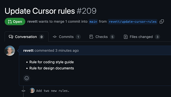 A GitHub pull request interface showing a proposed update to cursor rules.