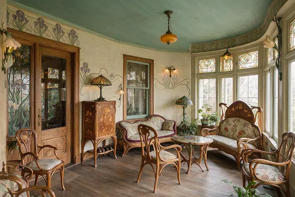 A front porch furnished as a cozy sitting room with curved Art Nouveau-style wooden chairs and settee, floral upholstered seating, and a small marbled table. The space has a pale turquoise ceiling, cream walls with painted floral motifs, stained-glass transom windows, a carved wooden cabinet, and abundant daylight from the wraparound windows.