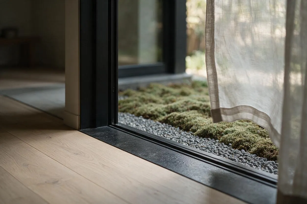 A minimalist Japandi-style interior opens to an outdoor garden through a black-framed sliding glass door. Light oak flooring meets a dark threshold, while pebbles, moss, and a sheer linen curtain create a calm, natural transition to the exterior.