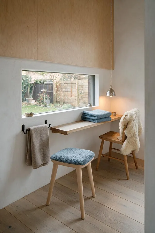 A calm Scandinavian-style backyard room with pale wood floors, white plaster walls, and a long horizontal window looking onto a garden. A simple wood ledge, hanging pendant light, towels on black hooks, and two natural wood stools create a cozy, minimal seating nook.