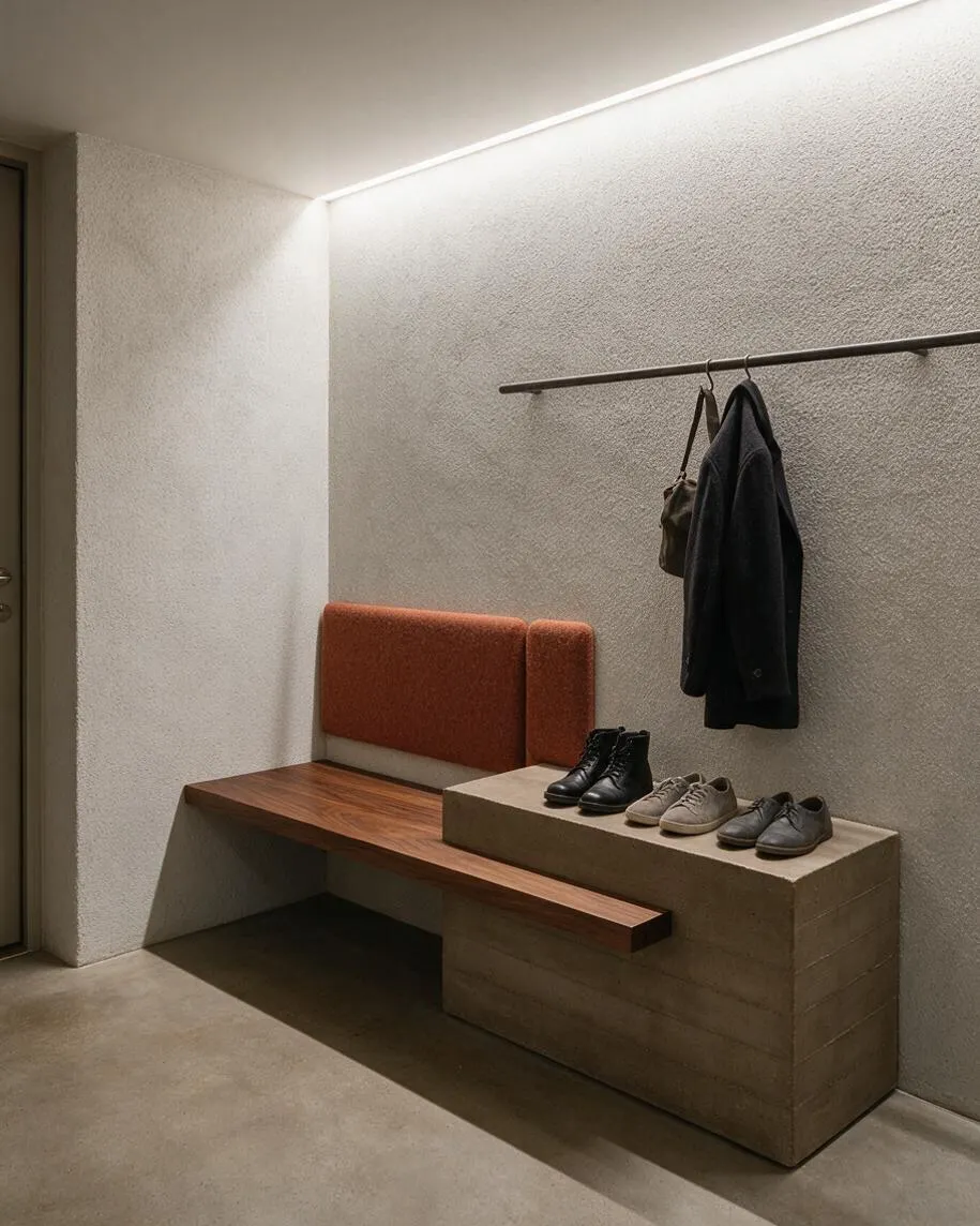 A minimalist mudroom with textured gray walls, a built-in concrete bench, and a warm wood seat. A slim metal hanging rod holds a coat and bag above the bench, while several pairs of shoes are neatly arranged on the bench surface under soft linear ceiling light.