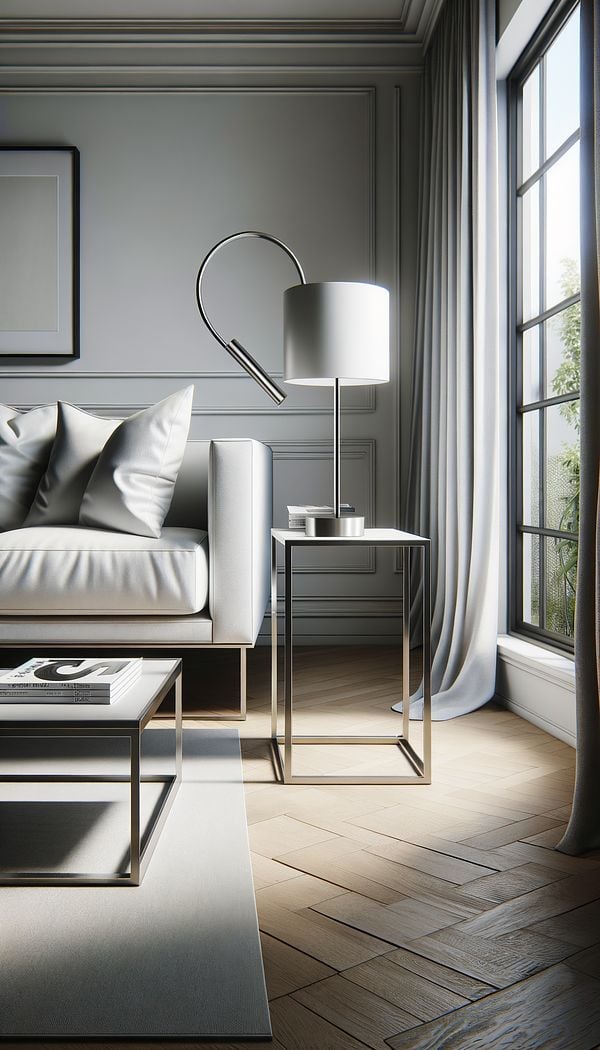 A modern living room with a white couch and a sleek, metal-framed end table beside it, holding a contemporary lamp and a stack of design magazines.