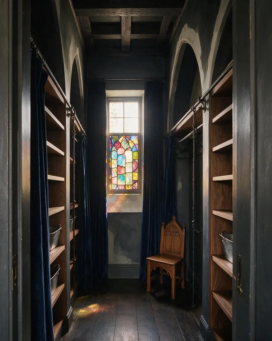 A narrow Gothic-style closet with dark painted walls, arched alcoves, and built-in wood shelving on both sides. Navy velvet curtains frame the storage areas, while a carved wooden chair sits near a stained glass window that casts colorful light into the dark space.