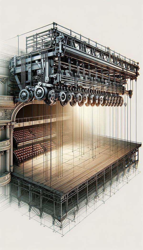 A detailed illustration of a fly rail system installed above a theater stage, with ropes, pulleys, and counterweights visible.