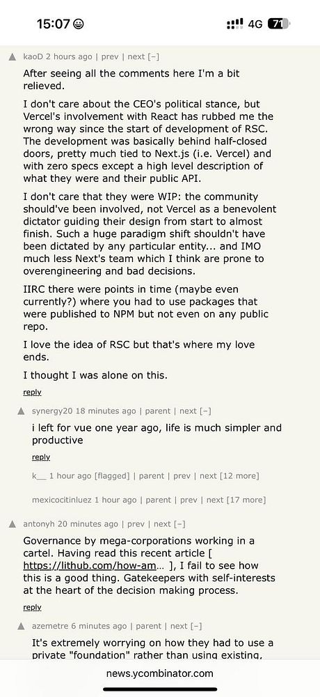 A discussion thread on a forum regarding Vercel's involvement with React and its implications.