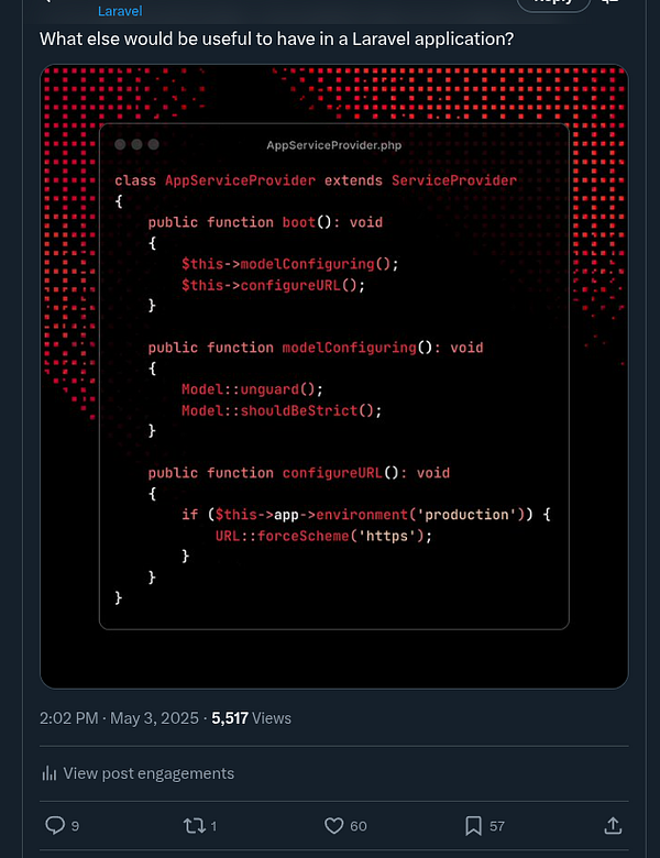 The image displays a code snippet from a Laravel application, specifically the AppServiceProvider.php file.