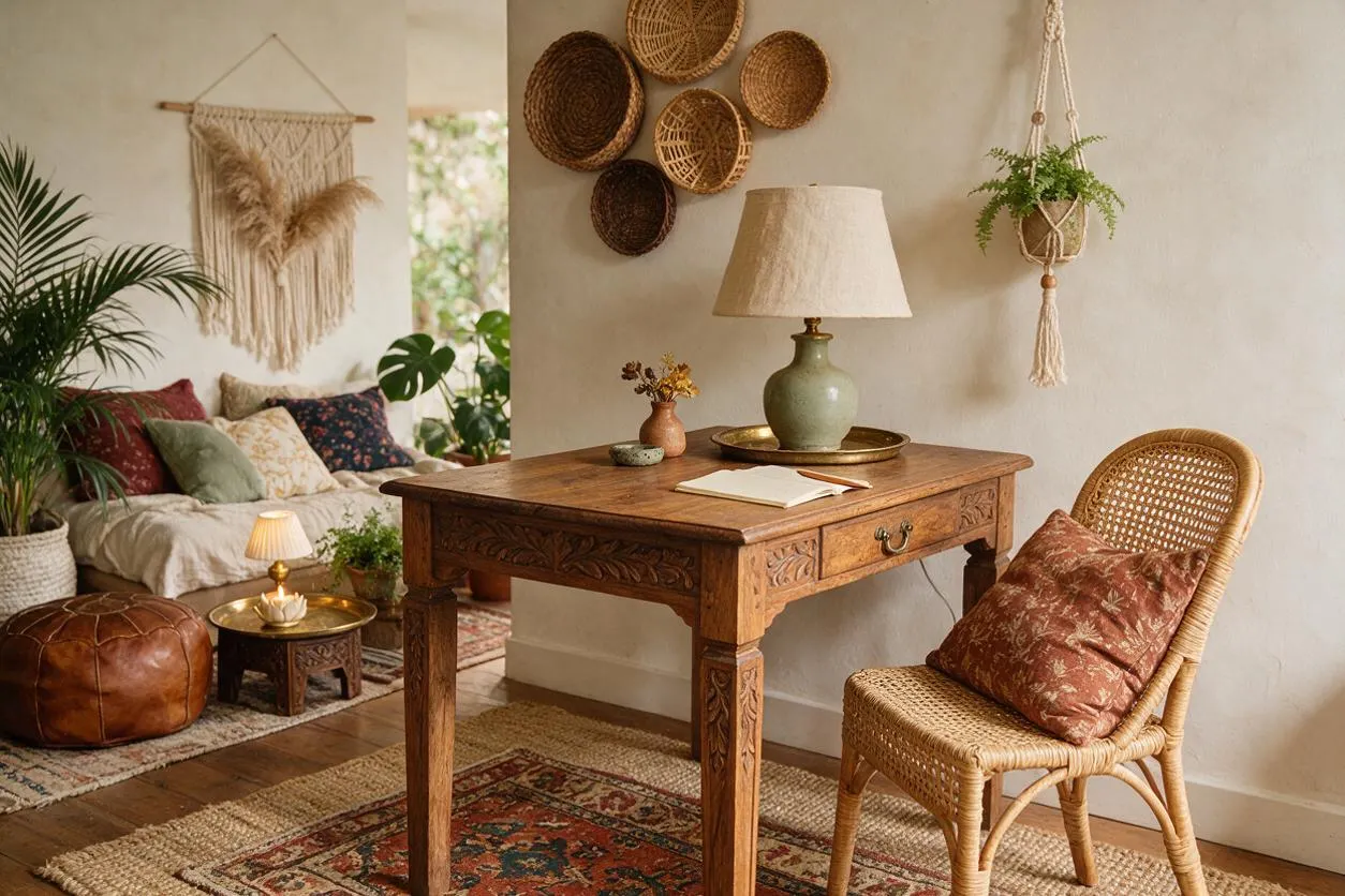 A warm bohemian room vignette with a carved wooden desk, a rattan chair with a patterned cushion, and layered rugs on a wooden floor. The corner includes a low sofa with mixed throw pillows, a leather pouf, a small brass side table, hanging macramé decor, woven baskets on the wall, and a pendant planter.
