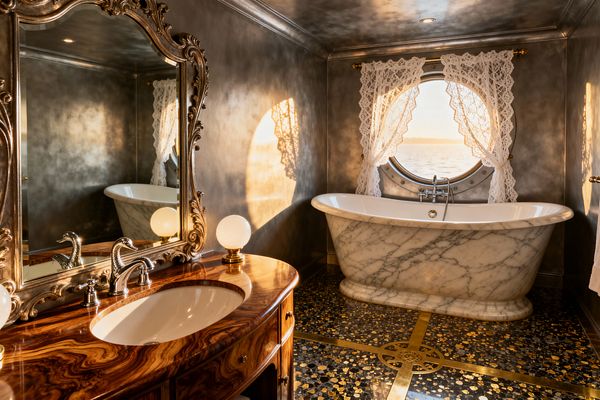 A vintage-inspired bathroom features a freestanding white marble tub on a black terrazzo floor with brass inlays, positioned beneath a round porthole window framed by lace curtains and a sea view. To the left, a curved burl wood vanity with an undermount sink supports opal globe lamps and an ornate rococo mirror, while pewter-toned Venetian plaster walls and mixed brass and chrome fittings glow in warm, late-day light.