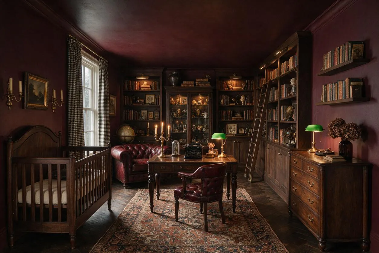 A moody nursery styled in dark academia tones, featuring a wooden crib on the left, deep burgundy walls, and a dark ceiling. The room includes built-in bookshelves filled with books and curiosities, a leather sofa, a wood desk with green banker lamps, a patterned rug, and vintage-inspired furniture, creating a scholarly and elegant atmosphere.