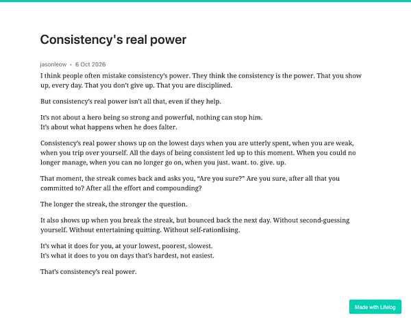 Text post titled "Consistency's real power" by jasoneow discussing the true meaning and impact of consistency.