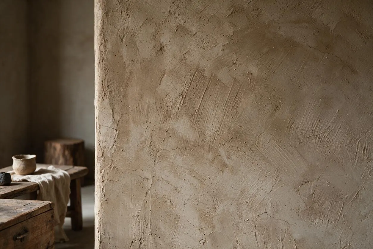 A close-up of an earthy clay-plastered wall with an irregular hand-finished texture and warm beige tones. In the background, rustic wooden furniture, a draped natural textile, and a small ceramic vessel create a quiet Wabi-Sabi interior atmosphere.
