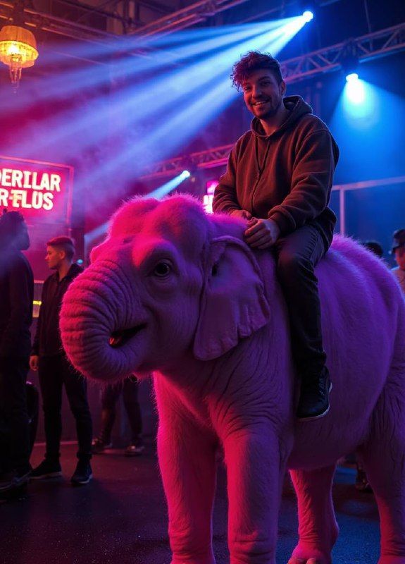 A person is joyfully riding a pink elephant in a vibrant, illuminated setting.