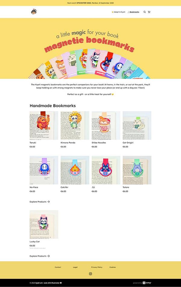 The image displays a vibrant landing page for Kyoti's magnetic bookmarks, featuring various designs and pricing information.