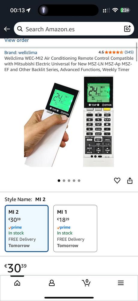 The image displays two Mitsubishi air conditioning remote controls available for purchase on Amazon.