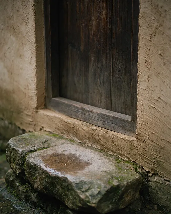 A close-up exterior detail shows a rough beige earthen wall beside a dark weathered wood door or shutter. In the foreground, two flat stone steps sit damp with water and moss, creating a rustic, aged Wabi-Sabi composition.