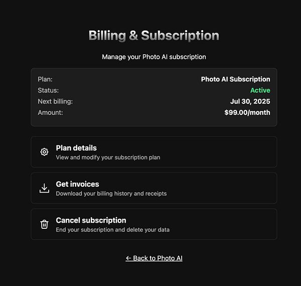 The image displays a billing and subscription management interface for Photo AI.