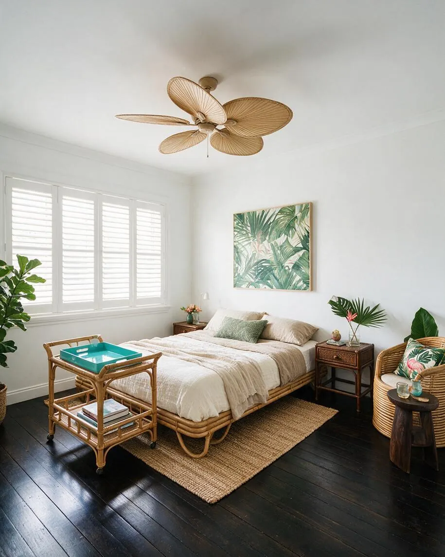 A bright tropical master bedroom with white walls, black wood floors, and a low rattan bed dressed in neutral bedding. Palm artwork, woven furniture, leafy plants, and a sculptural fan create a relaxed, airy resort-inspired feel.
