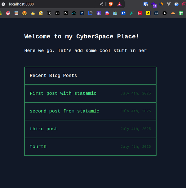A webpage displaying recent blog posts with a dark theme and green accents.