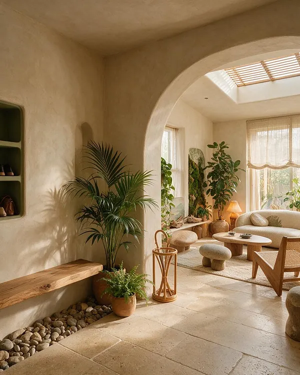 A warm entryway with smooth arched walls, a skylight, and large windows filtered by sheer curtains. Natural plants, a wooden bench, stone flooring, pebbled accents, and soft neutral furniture create a calm biophilic atmosphere.
