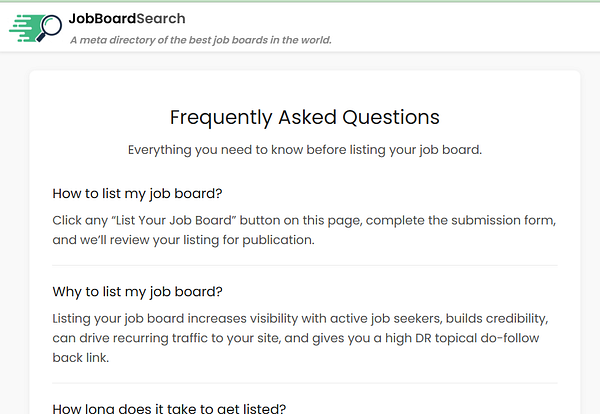Screenshot of a 'FAQs' editing interface with questions and answers and FAQ schema validation in a job board search platform.