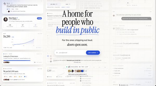 A snapshot of a webpage from the iBuildInPublic site featuring a header, navigation, profile, and project details.