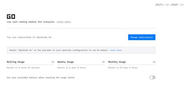 Screenshot of an OpenCode Go subscription page promoting new coding videos and an invite to a Discord community.