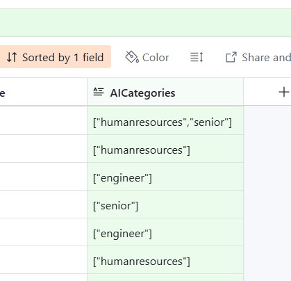 A table displaying job categories and their AI-generated classifications.