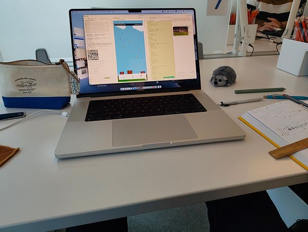 A workspace setup featuring a laptop, stationery, and a playful hedgehog figure.