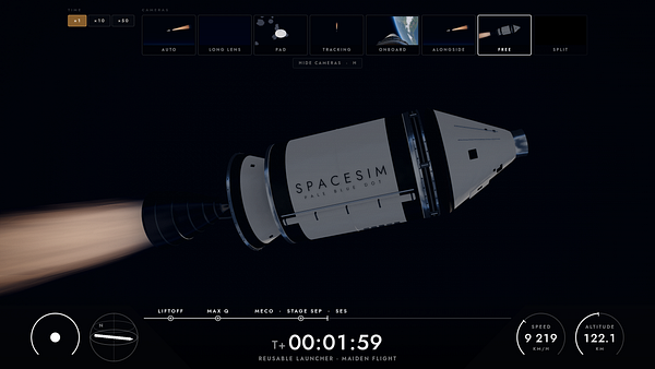 Spacesim rocket simulation interface showing a rocket in flight with camera options and flight data.