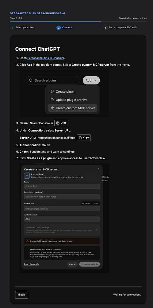 Step-by-step setup instructions for connecting ChatGPT with SearchConsole.ai using a custom MCP server.