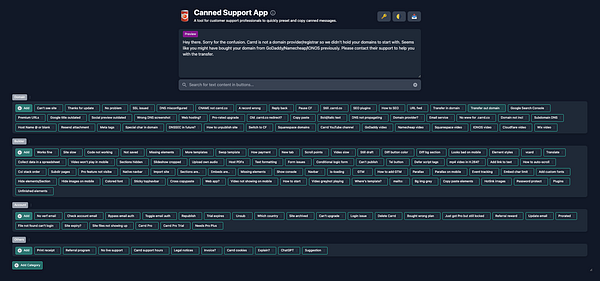 The image displays a user interface for the Canned Support App, showcasing various preset messages for customer support.