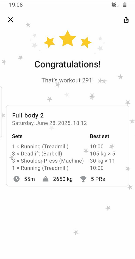 The image displays a workout summary congratulating the user on completing their 291st workout.