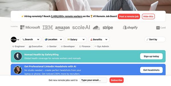 The image displays a webpage for a remote job board featuring various company logos and job search options.