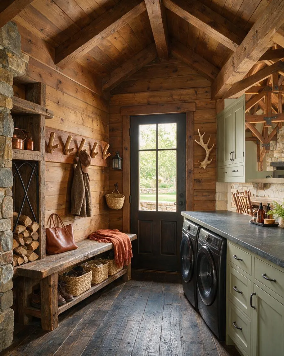 A rustic basement mudroom with exposed wood plank walls and ceiling beams, a black glass-paneled door, and a stone fireplace edge on the left. Built-in benches, woven baskets, antler hooks, sage green cabinets, and a dark countertop create a warm, practical entry space.