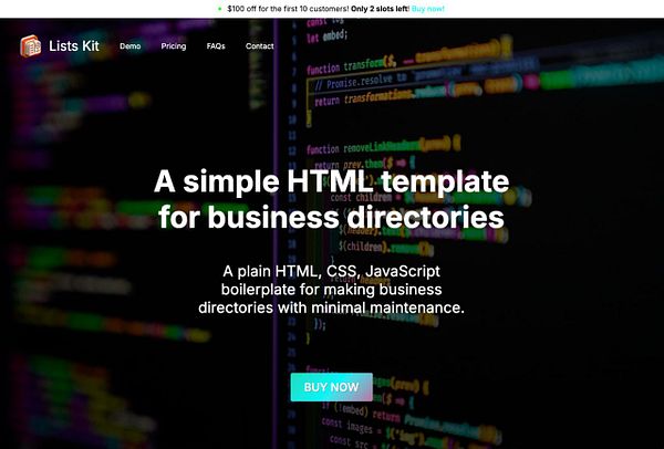 The image displays a promotional webpage for 'Lists Kit', featuring a simple HTML template for business directories.