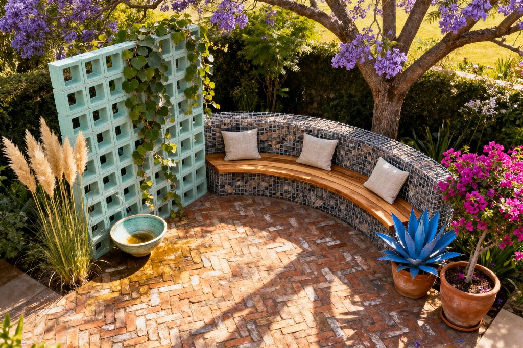 A sunlit patio under a blooming jacaranda shows a curved bench built from stone-filled gabion forms clad with blue mosaic tile, topped with slatted wood and four beige cushions. The herringbone brick paving leads to a mint aqua breeze-block screen draped with a vine, a small glazed bowl fountain, and beds of pampas grass. Terracotta planters hold a blue agave and magenta bougainvillea, bordered by dense hedging.