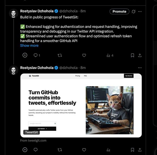 A tweet showcasing the progress of a project called TweetGit, featuring a humorous image of a cat at a computer.