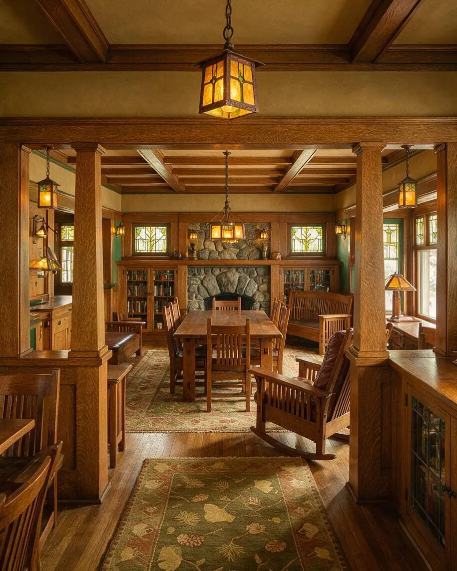 A Craftsman-style kitchen and dining space featuring rich wood beams, paneled columns, a stone fireplace, stained glass accents, and warm amber pendant lights. A wooden dining table, rocking chairs, built-in cabinetry, and patterned rugs create a cozy, handcrafted atmosphere.