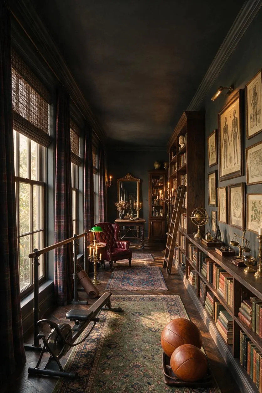 A narrow home gym styled like a dark academia library, with tall windows and plaid curtains on the left, a rowing machine near the foreground, vintage rugs along the dark wood floor, and wall-to-wall bookshelves on the right. The space includes framed anatomical prints, brass accents, a burgundy leather chair, and warm low lighting.