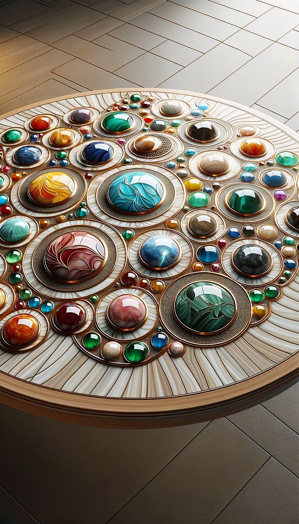 An elegant tabletop inlaid with various brightly colored cabochons, showcasing their rounded, polished surfaces.